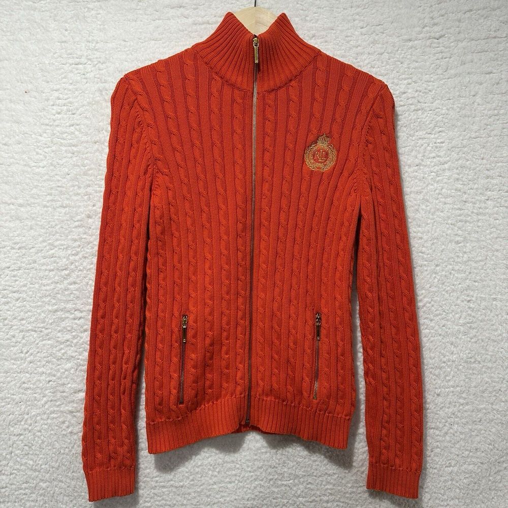 Lauren Ralph Lauren RLL Women's Orange Mock Neck Full Zip Cable Knit Size Medium